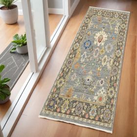2' X 6' Blue Grey Gold Green Pink Orange Ivory And Red Oriental Power Loom Stain Resistant Runner Rug With Fringe