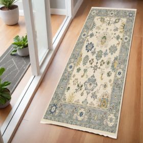 2' X 6' Ivory Blue Grey Teal Gold Green And Rust Oriental Power Loom Stain Resistant Runner Rug With Fringe