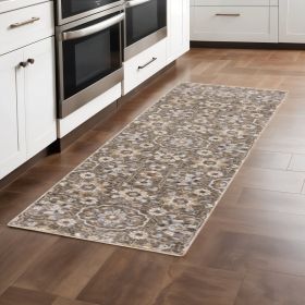 2' X 8' Grey And Tan Floral Power Loom Stain Resistant Runner Rug With Fringe