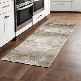 2' X 8' Ivory Grey Tan Brown And Beige Abstract Power Loom Stain Resistant Runner Rug