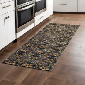 8' Runner Blue and Gold Oriental Power Loom Runner Rug