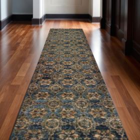 12' Runner Blue and Gold Oriental Power Loom Runner Rug
