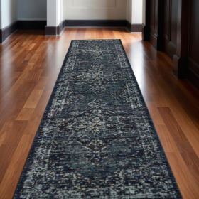 12' Runner Blue and Brown Oriental Power Loom Runner Rug
