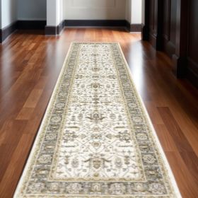 12' Runner Ivory Grey and Blue Oriental Power Loom Runner Rug