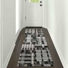 12' Runner Black Grey and Ivory Geometric Power Loom Runner Rug