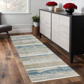 2' X 8' Blue And Ivory Abstract Power Loom Runner Rug With Fringe