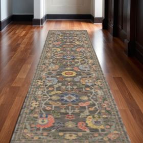 2' X 10' Charcoal Oriental Power Loom Runner Rug With Fringe