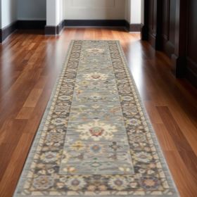 2' X 10' Blue And Gray Oriental Power Loom Runner Rug With Fringe