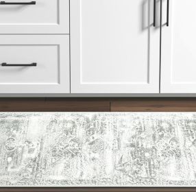 2' X 8' Gray And Ivory Oriental Printed Stain Resistant Non Skid Runner Rug