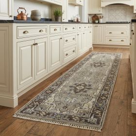 8' Beige Blue and Gray Medallion Hand Knotted Runner Rug With Fringe