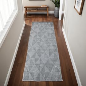 8' Gray Ivory And Silver Geometric Hand Woven Runner Rug