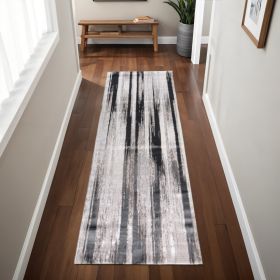 8' Beige and Black Abstract Power Loom Runner Rug