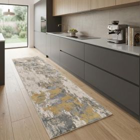 8' Ivory Gray and Gold Abstract Runner Rug