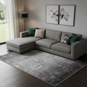 7' X 10' Gray Black And Silver Abstract Power Loom Distressed Area Rug With Fringe