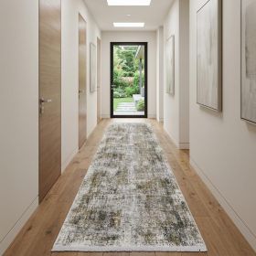 10' Gray and Ivory Abstract Power Loom Runner Rug With Fringe