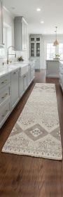 8' Gray Ivory And Pink Geometric Hand Knotted Runner Rug