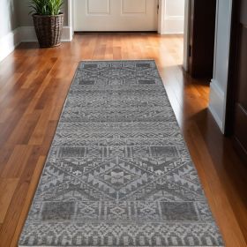 10' Gray Ivory and Blue Geometric Hand Knotted Runner Rug With Fringe