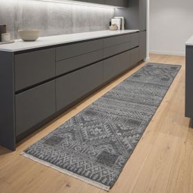 8' Gray Ivory and Blue Geometric Hand Knotted Runner Rug With Fringe