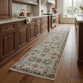 8' Gray and Gold Oriental Hand Knotted Runner Rug With Fringe