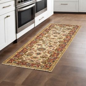 8' Ivory Red And Blue Wool Floral Hand Knotted Stain Resistant Runner Rug