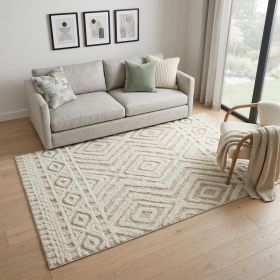 5' X 8' Ivory And Tan Wool Geometric Tufted Handmade Stain Resistant Area Rug