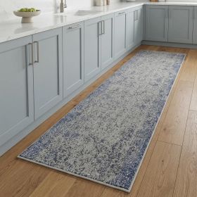 8' Ivory And Blue Abstract Power Loom Runner Rug