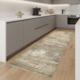 8' Gold and Ivory Abstract Power Loom Runner Rug