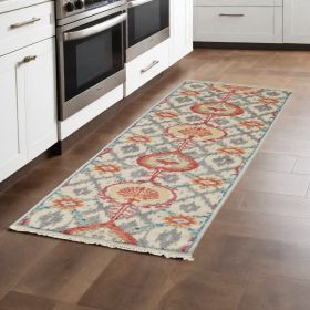 8' Orange And Gray Wool Floral Hand Knotted Stain Resistant Runner Rug