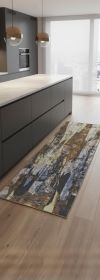 8' Brown Blue And Ivory Abstract Power Loom Distressed Runner Rug