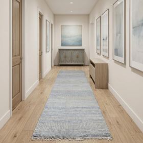 10' Blue and Silver Wool Striped Hand KNotted Runner Rug