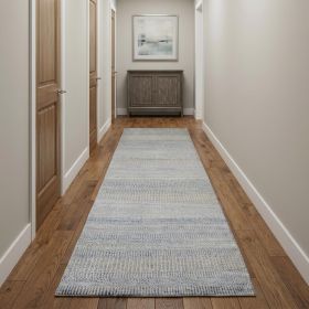 12' Blue And Silver Wool Striped Hand Knotted Runner Rug