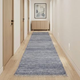 10' Blue And Gray Wool Striped Hand Knotted Runner Rug