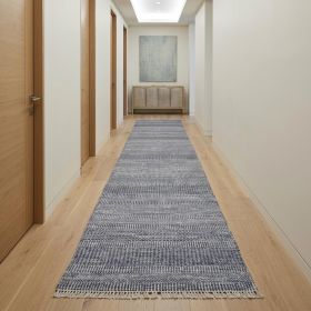 12' Blue And Gray Wool Striped Hand Knotted Runner Rug