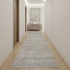 12' Silver Wool Striped Hand Knotted Runner Rug