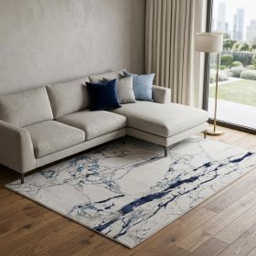 9' X 12' Ivory and Blue Marble Power Loom Distressed Area Rug