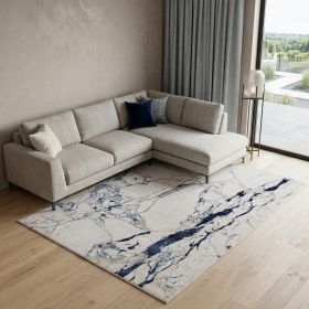 10' X 13' Ivory and Blue Marble Power Loom Distressed Area Rug