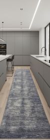 8' Blue Gray And Ivory Striped Power Loom Distressed Runner Rug