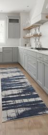 8' Ivory Blue And Gray Abstract Power Loom Distressed Runner Rug