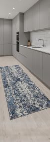 8' Blue Ivory And Gray Geometric Power Loom Distressed Runner Rug