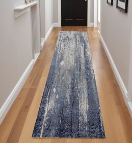 8' Ivory Blue And Black Abstract Power Loom Distressed Runner Rug
