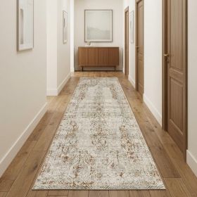 10' Tan Ivory And Orange Floral Power Loom Distressed Runner Rug With Fringe