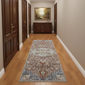 12' Orange Ivory And Blue Floral Power Loom Runner Rug With Fringe