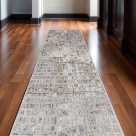 10' Tan Ivory And Blue Geometric Power Loom Distressed Runner Rug