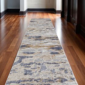 12' Tan Orange And Ivory Abstract Power Loom Distressed Runner Rug