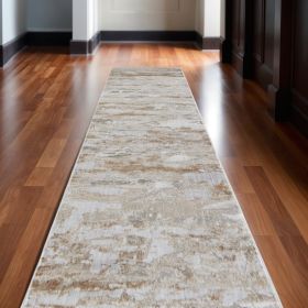 12' Tan And Ivory Abstract Power Loom Distressed Runner Rug