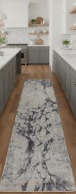 8' Ivory And Blue Abstract Power Loom Distressed Runner Rug