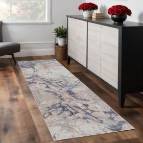 8' Tan And Blue Abstract Power Loom Distressed Runner Rug