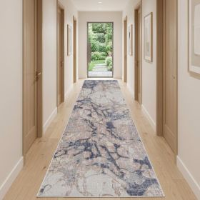 12' Beige and Blue Abstract Power Loom Distressed Runner Rug