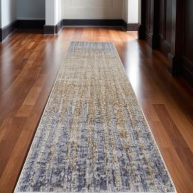 12' Tan Brown And Blue Abstract Power Loom Distressed Runner Rug