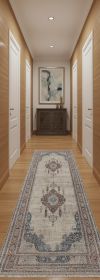 12' Gray Red And Blue Floral Power Loom Runner Rug